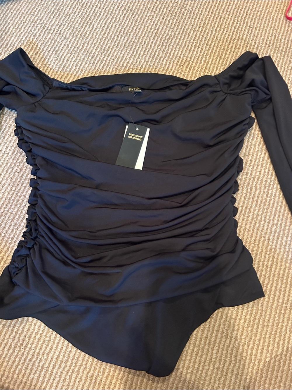 NWT AFRM Black Off-the-Shoulder ruched sides  stretch bodysuit size large - Picture 8 of 8